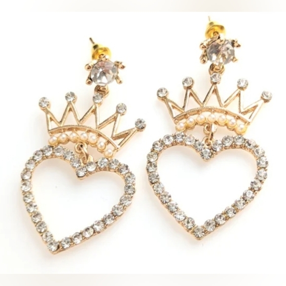 Betsey Johnson Gold crystal pearl crown heart earings with silver post - Picture 12 of 16